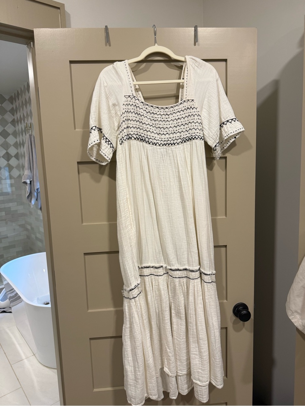 Free People White Maxi Dress with Black Embroidery